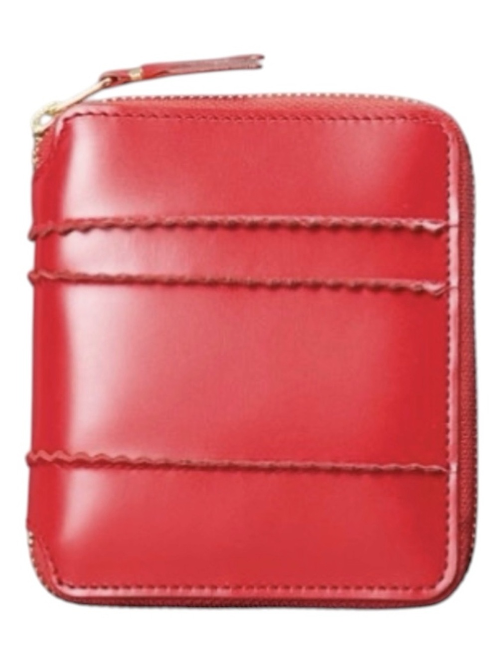 Comme des Garcons Red Zip-Around Leather Wallet with Scalloped Trim